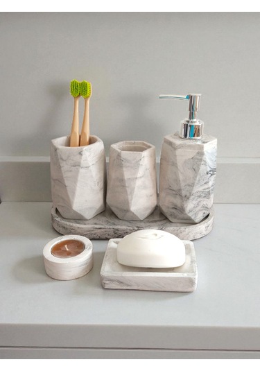Mermer Desenli Beton Banyo Seti,sıvı Sabunluk ,diş Fırçalığı,kulak Çubukluğu,katı Sabunluk Ve Mumluk Gri