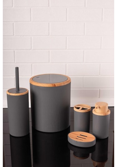 Bambu Desenli Modern 5'li Banyo Seti Çizgili Gri