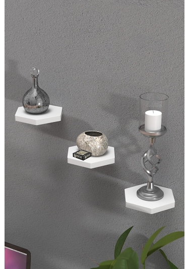 Duvar Rafı Dekoratif 3 Adet Çiçeklik Altıgen Beyaz