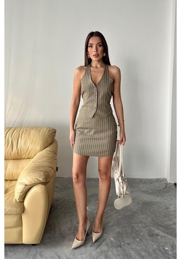 Haki Çizgili Yelek Ve Etek Takım Haki