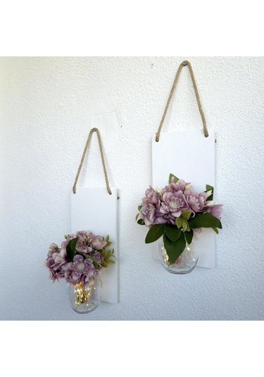 Led Işıklı, Kahve Yasemin Çiçekli Duvar Dekoru Beyaz İkili Set Beyaz