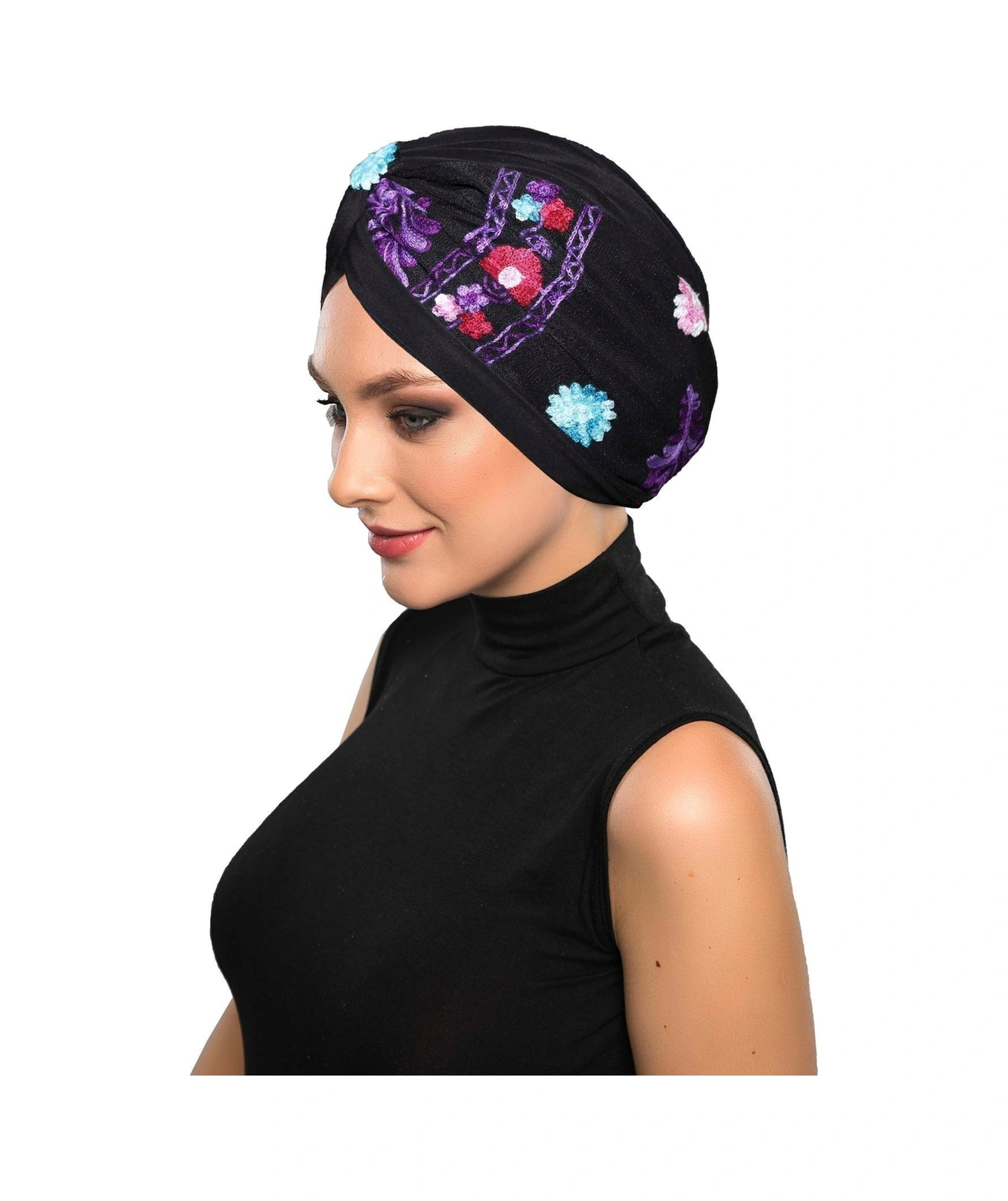 Otantik Nakış Motifli Astarlı Hazır Türban Tesettür Bone Siyah Motif 6