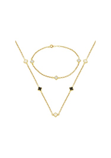 Bilezikci Siyah Beyaz Yoncalı 14 Ayar Altın Set