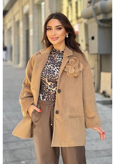 Fever Broş Çiçekli Kadın Kaşe Kaban 342118001 Camel