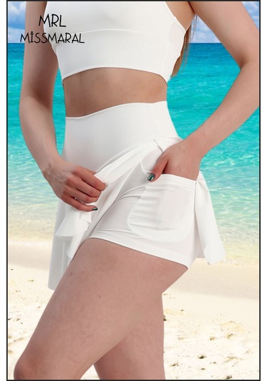 Mini Şort Etek Görünümü Etek Içi Şortlu Cepli Spor Tasarım Tenis Deniz Havuz Fitness Ekru 1107 Ekru