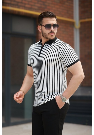 Erkek Çizgili Fermuar Yakalı Kısa Kollu Tişört Ekru - Siyah