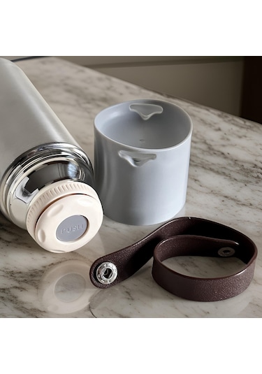 Prettify Stainless Steel Bardaklı Kayışlı Üstten Basmalı Termos 350 ML