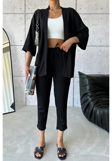 Modagen Kadın Siyah Kimono Alt Üst Havuç Pantolon Takım Siyah