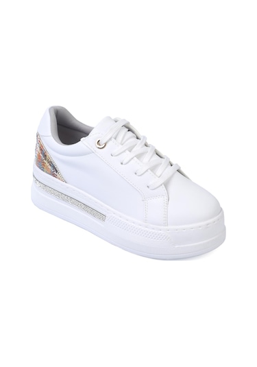 Shoetek Olala Kadın Sneakers Bağcıklı Arka Desenli Spor Ayakkabı Beyaz Deri Beyaz