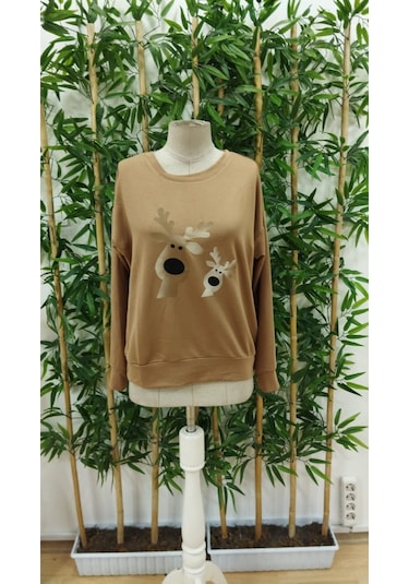 Sensuelle Kadın Uzun Kollu Bisiklet Yaka Geyik Desenli Viskon Iki Iplik Bluz Bej