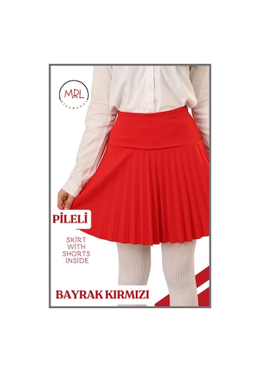 Kız Çocuk Pileli Etek Kırmızı Yüksek Bel İçi Şortlu Likra Kumaş Okul-oyun-spor-etkinlik Eteği 4105 Kırmızı
