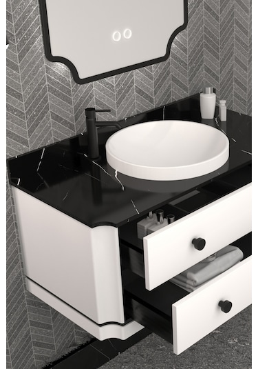 Adria 100 Cm Banyo Dolabı - Beyaz / Siyah Beyaz