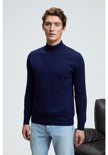 Grimelange REBEL Erkek Yarım Balıkçı Yaka Basic Slim Fit Triko Lacivert Kazak