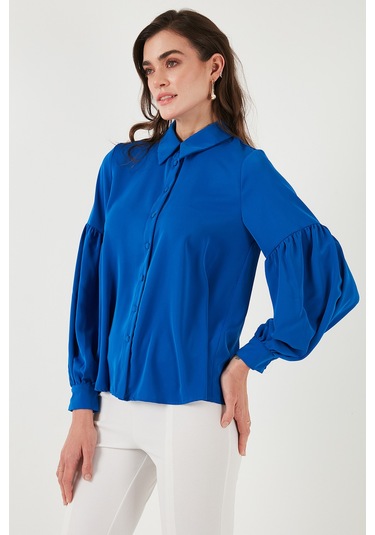 Lela Regular Fit Dikiş Detaylı Düz Yaka Balon Kol Bayan Gömlek 611Go00003 Saks