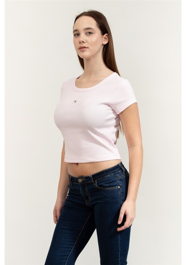 A- Woven Label 2x2 Rib Baby Tee Kadın Bisiklet Yaka T-shirt Pembe