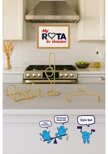 Servis Sunum Seti, Rota Kağıt Havluluk, Kare Peçetelik, Üçgen Nihale, Üçlü Set, Paslanmaz Çelik Tel Gold