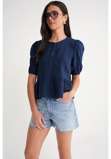 4713 Kadın Beli Büzgülü Kolu Lastikli Bol Müslin Bluz Lacivert Lacivert