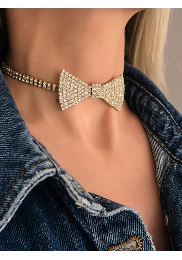 Papyon Model Rhinestone Choker Tasma Model Gold Renk Kolye Gold Çok Renkli