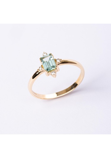 Gümüş Yüzük - Octagon Kesim Su Yeşili Taşlı 0.95 Karat Pırlanta Montürü 925 Ayar Gümüş Yüzük Sarı