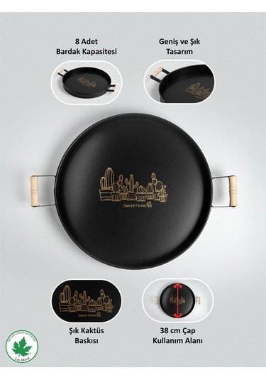 Lin Metal 37cm Yuvarlak Tepsi Ahşap Kulplu Kaktüs Baskılı - Siyah