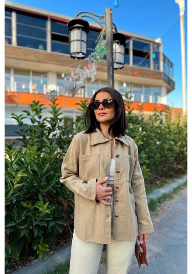 Kadın Camel Uzun Kol, Çift Cepli, Eteği Oval Kesim, Kaşe Gömlek Ceket CAMEL