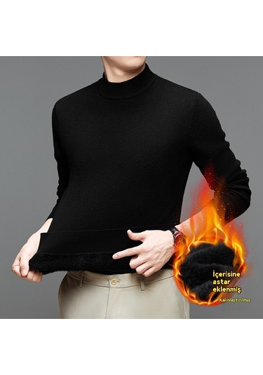 Edwardest 2025 Yeni Kış Erkek Artı Kadife Kalınlaştırılmış Yarım Balıkçı Yaka Kazak Slim Fit Siyah