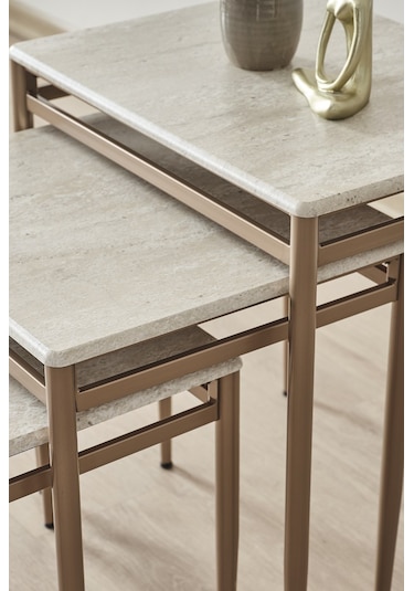 Damrin Serisi Traverten Desen 1. Sınıf Mebran Mdf 3 Lü Zigon Sehpa Takımı Traverten Desen - Bronz Ayak