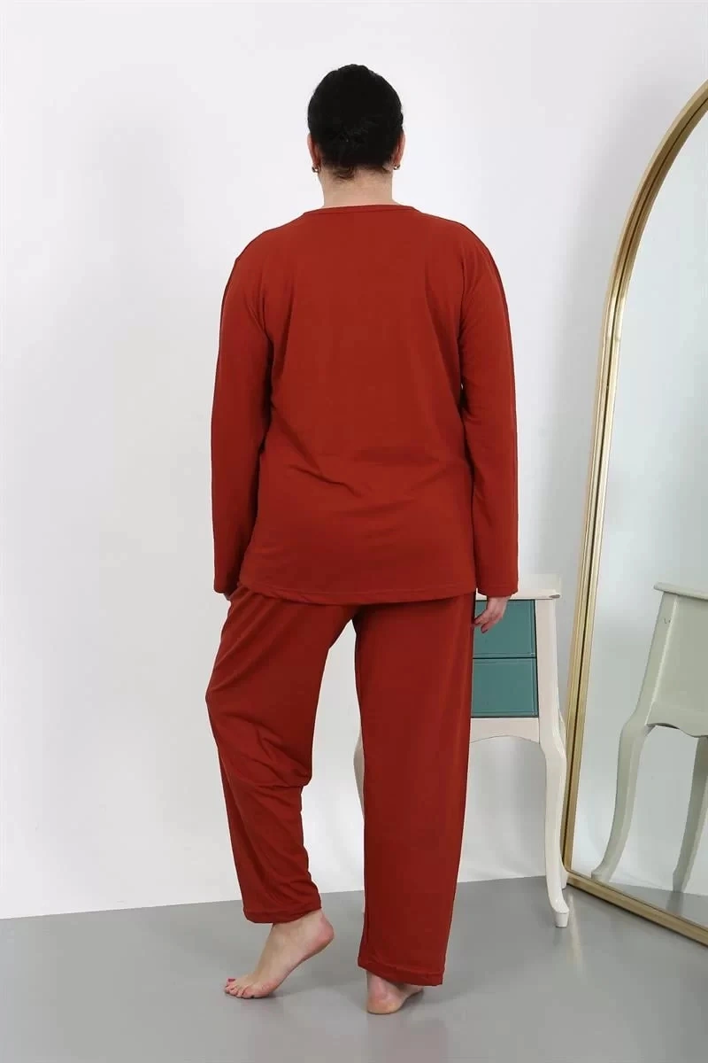 Moda Kadın Büyük Beden Uzun Kol Penye Pijama Takımı Kiremit Kiremit
