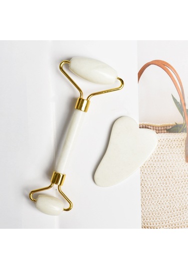 Doğal Yeşim Çift Kafa Masaj Silindiri + Guasha Tahta Kazıyıcı Yüz Zayıflama Yaşlanma Karşıtı Kabarık Gözler Yüz Cilt Bakımı Araçları - Stil B Altın