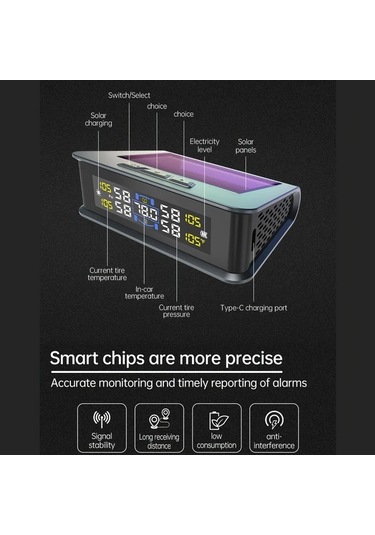 Motion003 Evrensel Araç Kablosuz Siyah Lastik Basınç İzleme Sistemi Güneş Enerjili Type C Şarjlı