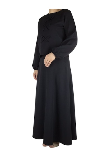 Kadın Spor Önden Kurdela Modelli Kolağzı Lastikli Etek Yandan Fermuarlı Etek Mevlana Model İkili Takım Siyah