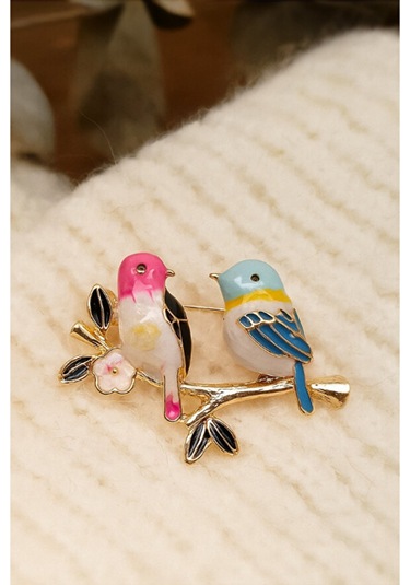 Lovebirds Kuşlar Broş 42x30 Mm Pembe Altın