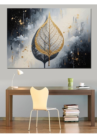 Ahşap Tablo Altın Varaklı Yaprak Deseni