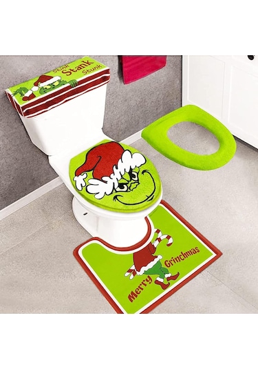 Qingmipy Grinch Noel Banyo Seti - 4 Parça Tuvalet Kapağı, Koltuk Pedi Ve Halı Yeşil Noel Dekoru