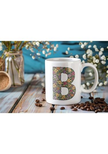 B Baş Harf Çiçek Desenleri İle Natural Tarz Kupa Bardak - Kişiye Özel Çiçekli Kahve Çay Bardak - Beyaz