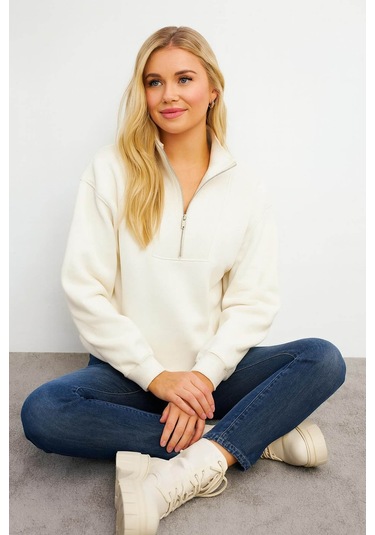 Fashion Friends Fermuarlı Kamyoner Yaka Ekru Kadın Sweatshirt 25k0166k1 Ekru