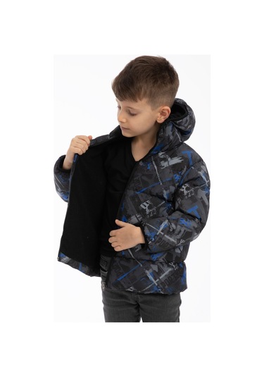 Erkek Çocuk Saks Antrasit Dijital Desen İçi Polar Su Ve Rüzgar Geçirmez Kapüşonlu Şişme Kışlık Mont Antrasit - Saks Mavi