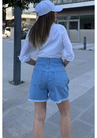 WeShaya Kadın Mavi Püsküllü Paça, Yüksek Bel, Rahat Denim-kot Şort Açık Mavi
