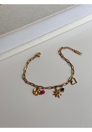 Renkli Taşlı Yıldız Figürlü Altın Kaplama Kadın Çelik Bileklik Altın