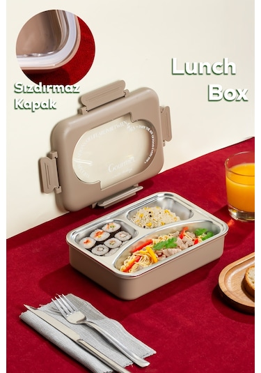 Porsima 3010-1 Paslanmaz Çelik 3 Bölmeli Vakumlu Yemek Termosu Beslenme Kutusu Taşınabilir Lunch Box Sefer Tası - Kahve