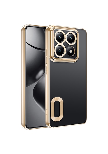 Xiaomi Mi 14t Pro Kılıf Parlak Kenarlı Logo Çerçeveli Kamera Korumalı Omega Silikon Kılıf Gold