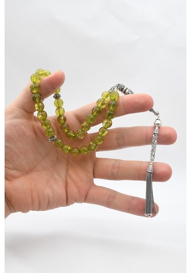 33'lük Doğal Peridot Taşlı Tesbih 925 Ayar Gümüş Püsküllü 10mm Küre Kesim