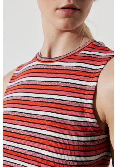 Regular Fit Normal Kesim Bisiklet Yaka Kolsuz Çizgili Crop Bluz Renkli