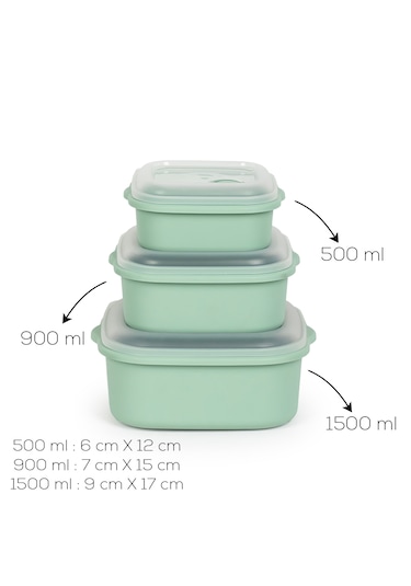 Porsima 5316 Kilitli Sızdırmaz Kapaklı Hava Tahliye Contalı Çok Amaçlı 3lü Kare Erzak Yiyecek Saklama Kabı Seti Yeşil - 500-900-1500ml Yeşil