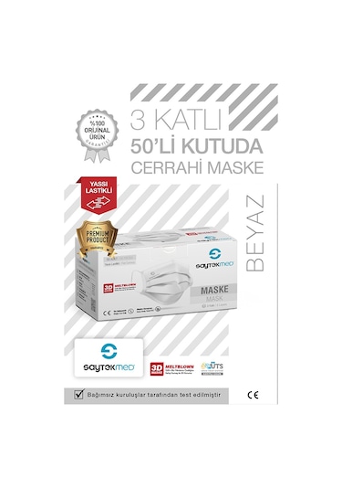 Saytekmed Meltblown Filtreli Yassı İpli 3 Katlı Beyaz Maske (1 Kutu - 50 Adet)