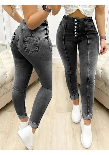 Leyla Sanat Sanata Yeni Bir Bakış Açısı Kadın Yüksek Bel Önden Düğmeli Jean Pantolon Siyah