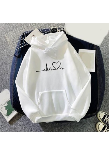 Mor Kazak Unisex Şık Kapşonlu Elastik Manşet Kalp Baskı Çift Kapşonlu Bayan Mor