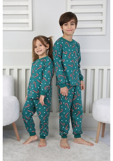Zuzunga Yılbaşı Temalı Baston Şeker Desenli %100 Pamuk Unisex Pijama Takımı Yeşil1 Yeşil
