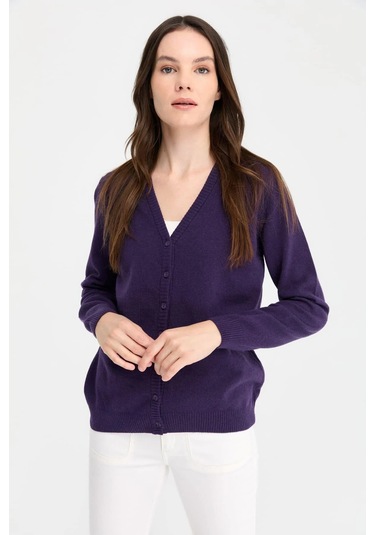 Desen Triko Kadın V Yaka Yün Hırka 21021 K.mor K.mor Mor