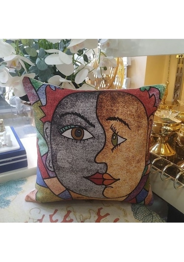 Goblen Soyut Yüz Desenli Kırlent Kılıfı